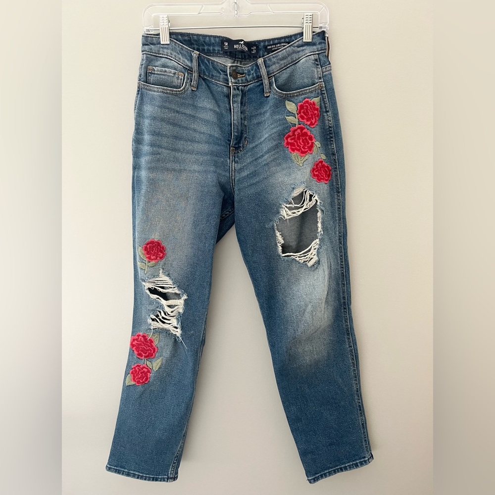Hollister Rose Embroidered High Rise Slim Straight Vintage Stretch Jeans Size 27